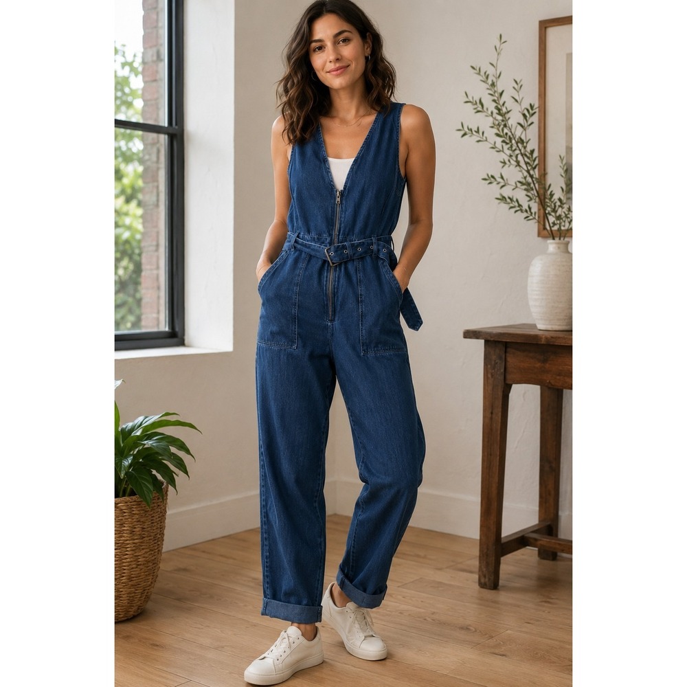 RACHEL COMEY TARGET Womens Jumpsuit Size 2 Blue Denim Belted‎ Sleeveless Cuffed